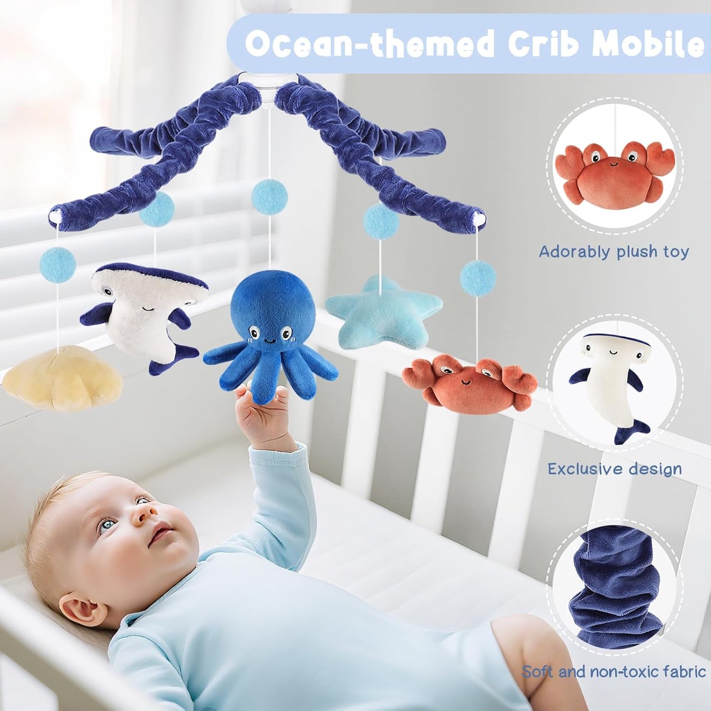 Ocean Crib Mobile for Boys & Girls – Baby Mobile for Crib with Upgraded 3-Mode Music Box, Sea Animals Baby Crib Mobile, Nursery Mobiles, Fits Standard Cribs