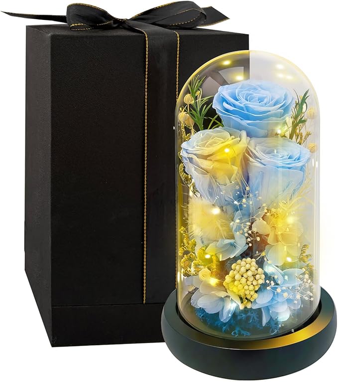 HipTree Preserved Blue Rose in Glass Dome with LED Lights - Forever Eternal Real Rose Gifts for Women, Valentines Day Mothers Day Birthday Wedding Anniversary for Mom Wife Girlfriend