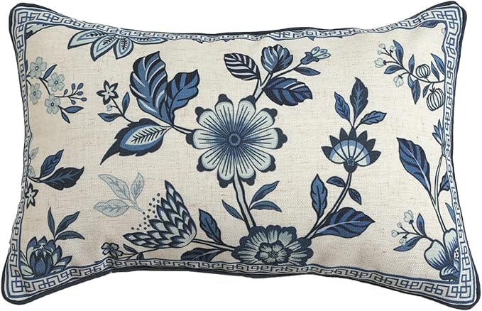 bilin gaier Designer Vintage Linen Throw Pillow Cover,20"x12"-Suqing A | Elegant Rectangular Pillow Cover,Concealed Zipper,Blue Floral Pattern,Sofas,Bedroom,Living Room,Lounge Chairs