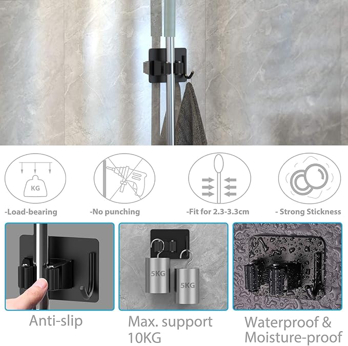 homeasy Mop Broom Holder No Drill, Mop Broom Organizer Wall Mounted Heavy Duty with Hooks Hanger, Self Adhesive Stainless Steel 6Pcs for Bathroom, Kitchen, Office (Black)