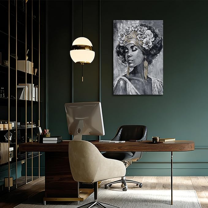 ZUNARE Abstract African Woman Canvas Wall Art Black White and Gold Portrait Painting Modern Figurative Artwork for Living Room Bedroom Office Decor 24x36inch