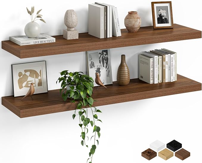 Fun Memories Floating Shelves for Wall, 40 Inch Long Set of 2 Rustic Wood Wall Shelves with Invisible Brackets, Heavy Duty Storage Display for Living Room Bedroom Kitchen, Walnut