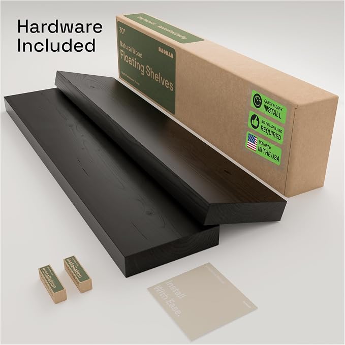 Solid Wood Floating Shelves for Wall 30 Inches Long, Black Wooden Shelf | Real Wood, 30 Inch, Bathroom Shelf Large, Heavy Duty, Wall Mounted, Kitchen Bedroom, Black Finish, 30W × 6.7D, Set of 2