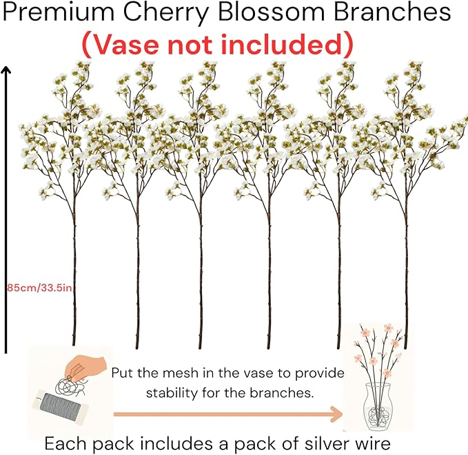 White Cherry Blossom Branches – 6 Pcs 33.5" Long Stem Artificial Flowers for Tall Vase, Premium Faux Silk Spring Decor, Realistic Fake Cherry Blossoms for Home, Wedding & Table Centerpieces