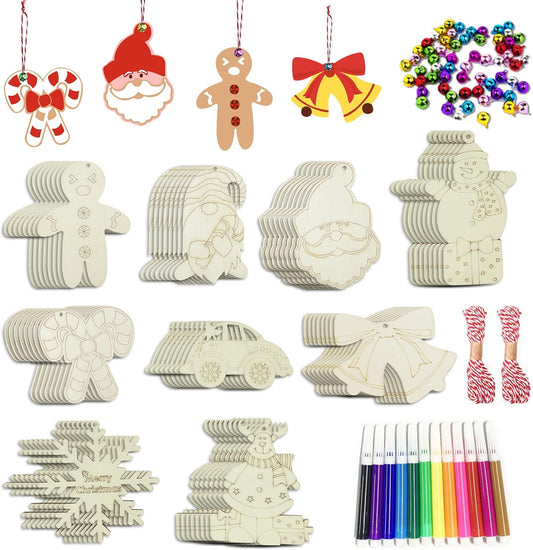 Wooden Christmas Ornaments, 176 PCS Unfinished Predrilled Wood Ornaments Set with 72 Blank Wood Slices in 9 Styles, 90 Bells and 12 Color Pens for Kids DIY Crafts and Christmas Hanging Decoration, A