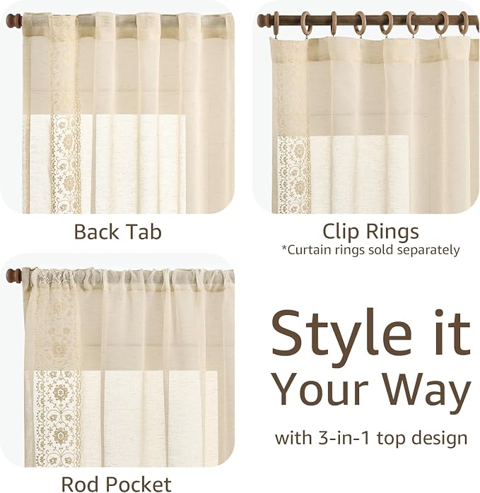 jinchan Weslie Beige Floral Sheer Curtains for Bedroom 63 Inch Long Embroidered Voile Farmhouse Linen Curtains for Living Room Ivory Flower Patterned Cottage Core Window Drapes 2 Panels Ivory on Beige