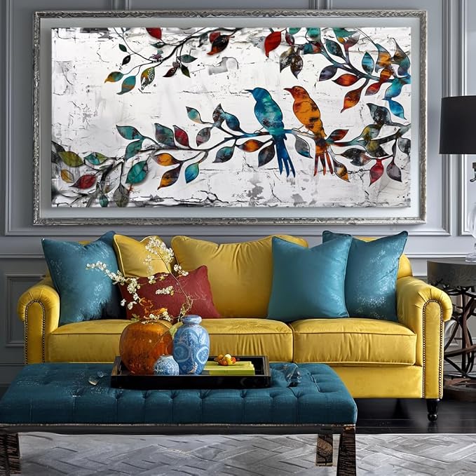 Wall Art Funny Paintings Colorful Birds on a Branch Art Mural Pop Art Home Office Wall Decor Framed Canvas Wall Decor for Living Room Ready to Hang - 48x24in