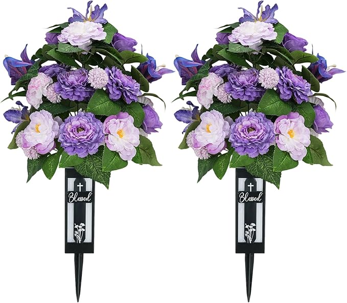 Silk Grave Flowers for Cemetery: 2 Pcs Purple Cemetery Flowers Grave Decorations Spring Easter Mothers Memorial Day - Outdoor Artificial Camellia Bouquets with Vases for Graveside