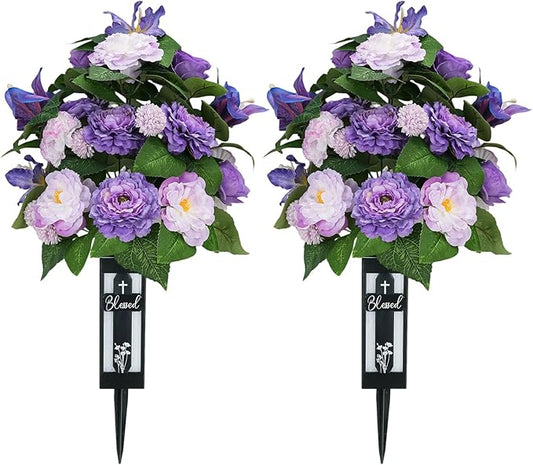 Silk Grave Flowers for Cemetery: 2 Pcs Purple Cemetery Flowers Grave Decorations Spring Easter Mothers Memorial Day - Outdoor Artificial Camellia Bouquets with Vases for Graveside