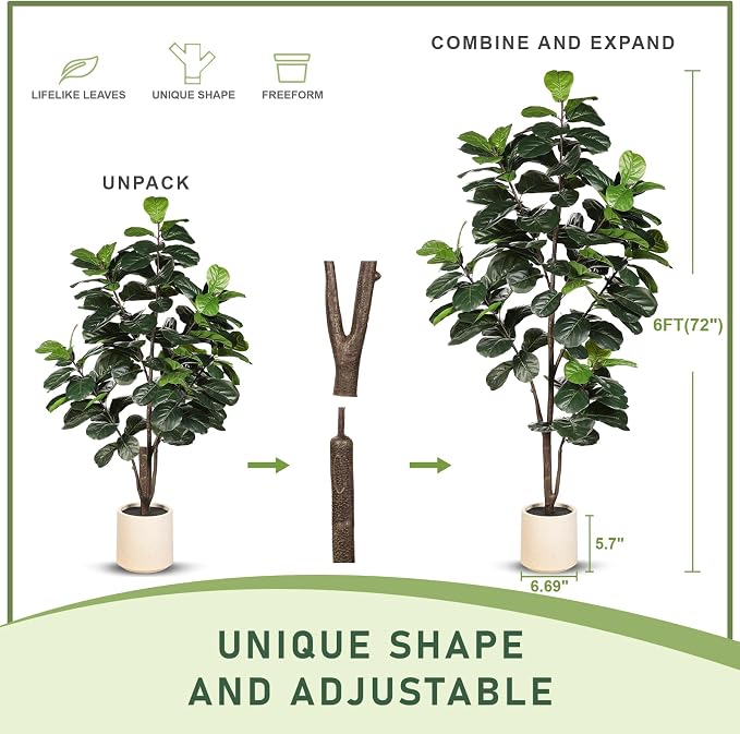 LYERSE Fiddle Leaf Fig Tree Artificial - 6ft Faux Fiddle Leaf Fig Tree with White Planter - Fig Tree Artificial with Lifelike Leaves for House Office Living Room Indoor Home Decor