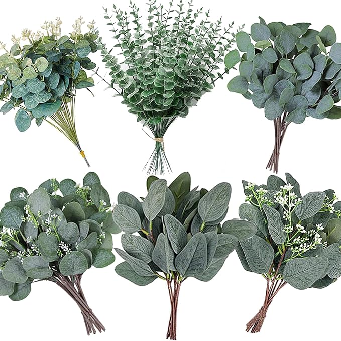 240Pcs 6 Kinds Mixed Eucalyptus Leaves Stems Bulk Artificial Silver Dollar Leaves Picks Dried Eucalyptus Bundle Faux Spray for Wedding Vase Bouquet Decor (Eucalyptus Leaves Stems-240)