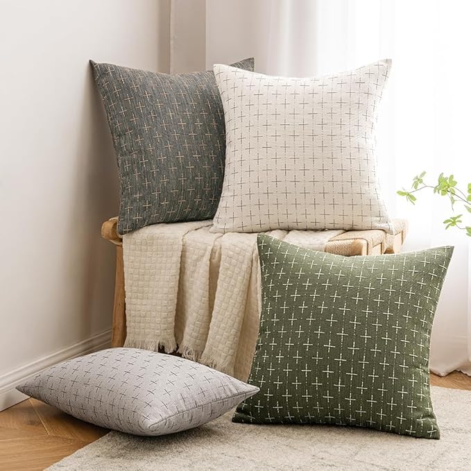MIULEE Pack of 2 Decorative Burlap Linen Spring Throw Pillow Covers Modern Farmhouse Vintage Pillowcase Rustic Woven Textured Cushion Cover for Sofa Couch Bed 22x22 Inch Olive Green