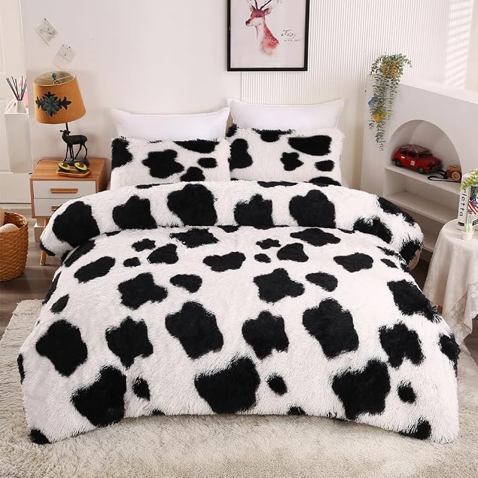 chovy Faux Fur Tie-Dyed Cow Print Black White Comforter Sets Queen - 3PC Bed Set Ultra Soft Plush Flannel Velvet Fluffy Fuzzy Bedding（Comforter x 1 Pillowcases x 2）