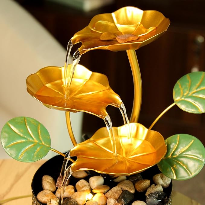 TiCin Tabletop Water Fountain with Gold Lotus Flowers, 9.8 x 6 x 6 inches, USB Powered, Indoor Relaxation Decor with Rocks