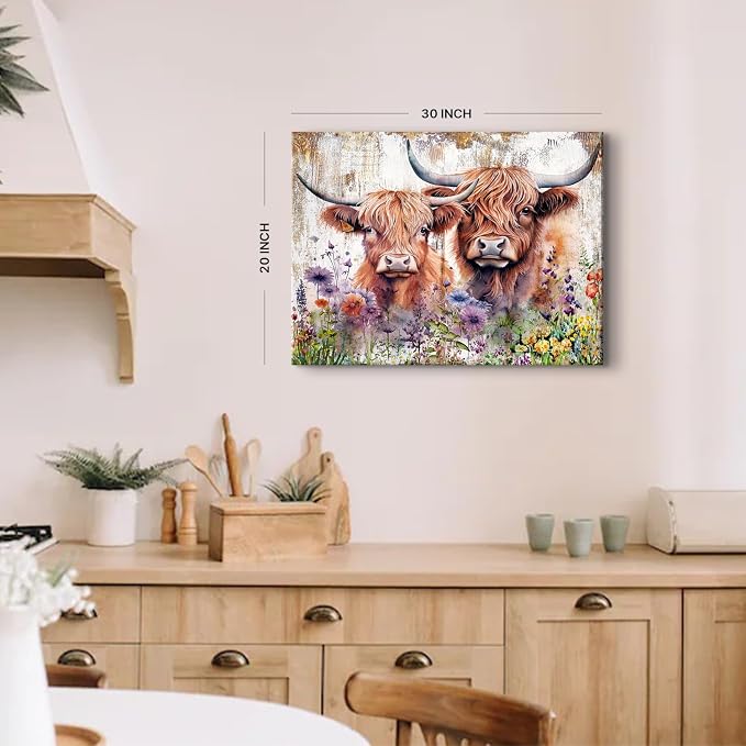 Cute Highland Cow Wall Art Rustic Cows Picture Wall Decor Nursery Room Decor Farmhouse Wildflower Scottish Cow Painting Bathroom Western Country Cattle Poster Artwork for Living Room Decoration 20x30"