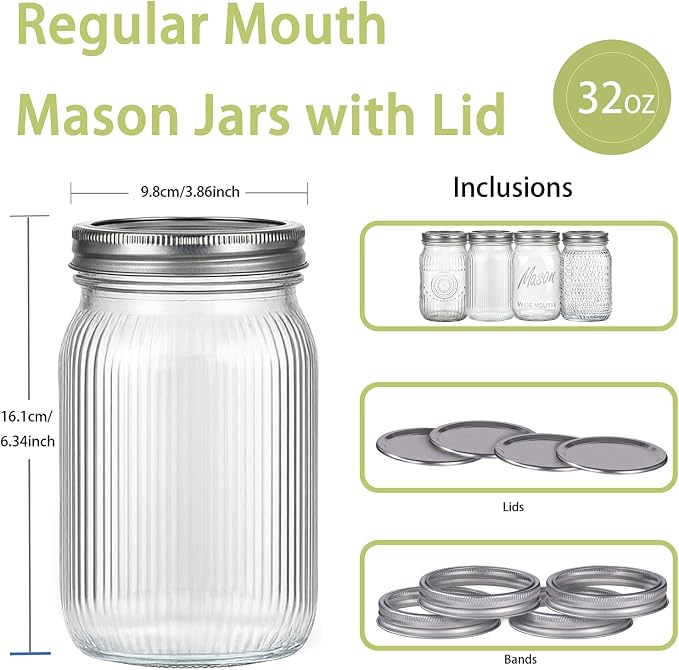 Rubtlamp Clear Mason jar 32 oz, 12 Mixed Pack Glass Jars - Wide Mouth Mason Jars with Airtight Lids for Pickling, Fermenting, Food Storage&DIY Crafts, Microwave & Dishwasher Safe