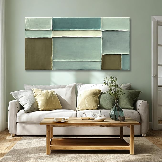 Hue7Art Modern Abstract Green and White Hand PaintingCanvas Wall Art Minimalist Layered Color Artwork for Living Room Bedroom Office Contemporary Wall Decor 24x48 Inch