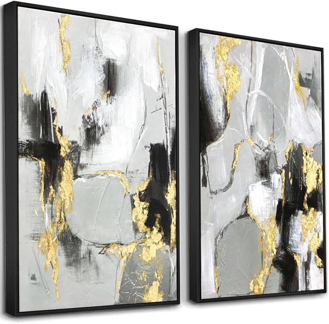 Zessonic Black and Gold Abstract Wall -Art Decor- 2 Pack 16 x 24 inches Black and White Canvas Wall Decor with Gold Foil for Living Room, Bedroom, Office, Framed, Ready to Hang