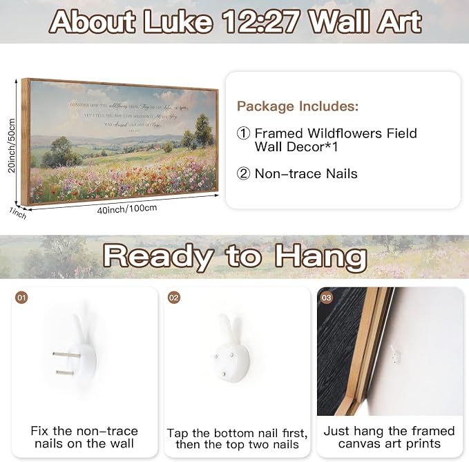 CHDITB Consider How the Wildflowers Grow Luke 12:27 Wall Art Framed, Farmhouse Countryside Landscape Bible Verses Scripture Canvas Artwork, Large Vintage Religious Biblical Wilderness Pastoral Scenery florals Field Meadow Painting Decor for Living Room...