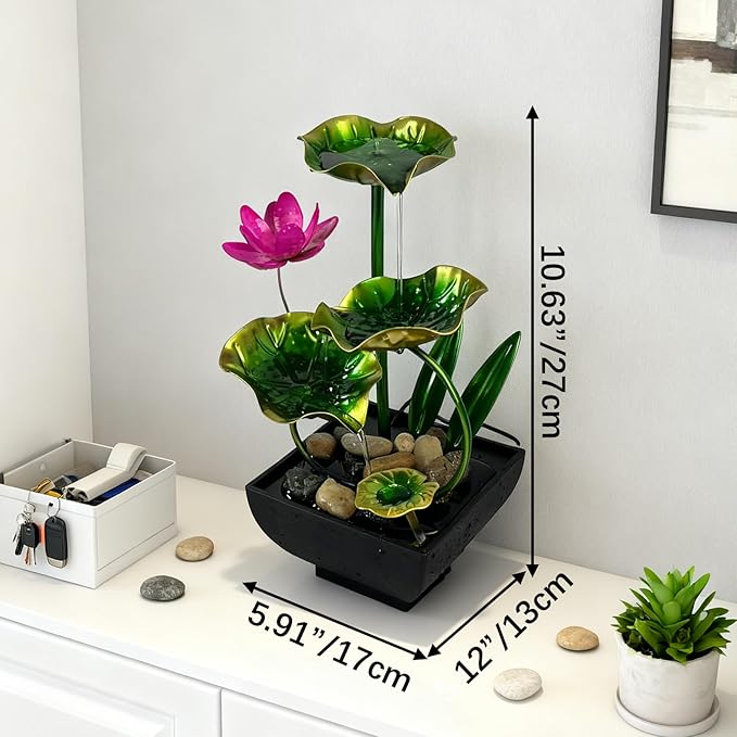 AOZITA Tabletop Fountain, Indoor Waterfall Fountain, Tall Home Décor Zen Relaxation Soothing Sound Machine for Office, Living Room, or Bedroom, Green Metal Lotus with Flower, River Rocks, LED