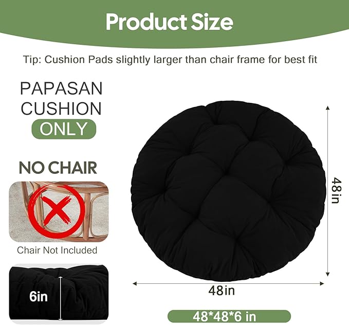 idee-home Papasan Chair Cushion, Circle Papasan Chair Cushion(Cushion Only) | Papasan Cushion with Thick Corduroy Cover, 48 x 48 Inch Cushion for Egg Chair, Black