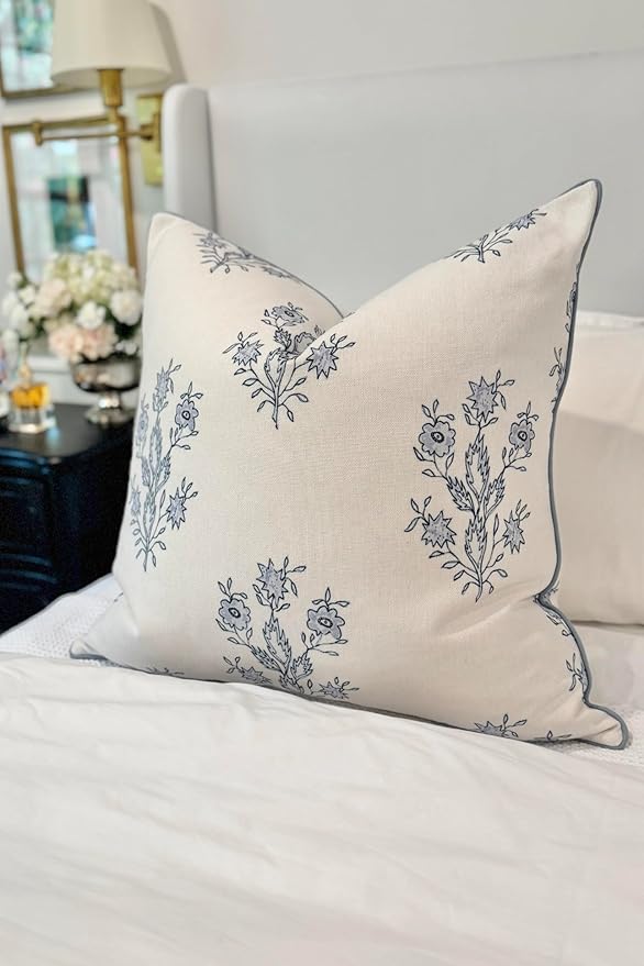Jillien Harbor "The Mary Block Print Floral Decorative Pillow Cover – Double-Sided Blue & White Periwinkle Accent Pillow Cover – Grandmillennial Home Decor – 26"x26"