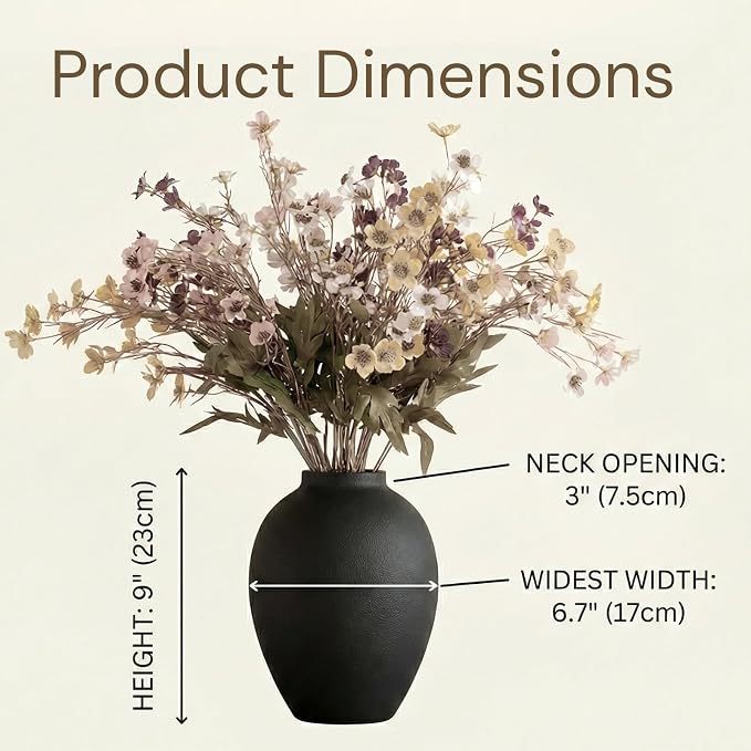 Black Vase for Home Decor - Tall Ella Flower Vase for Centerpieces, Table & Mantel Decorations - Large Round Iron Vase 9 Inch - Matte Black Vases for Flowers & Pampas Grass