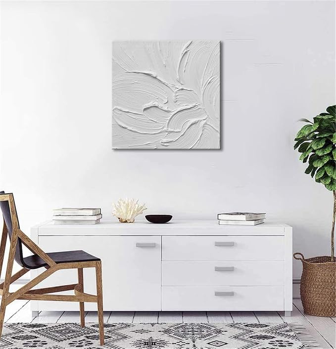 zoinart Hand Painted White Canvas Wall Art, 20x20 Inches Abstract Thick Textured Painting, Plaster Wall Art