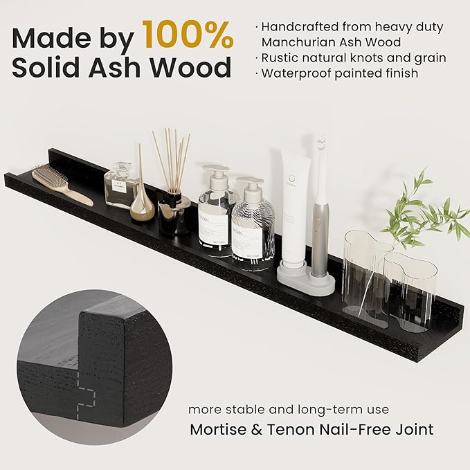 Acovy Picture Ledge Shelf, 72 inch, Black, Solid Ash Wood, Set of 2 | Floating Shelves, Wall Mounted, For Living Room Kids' Room Bedroom