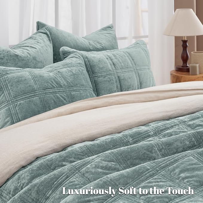 PHF Ultra Soft Velvet Quilt Set Queen Size – 3PCS Luxurious Cozy Quilted Comforter Alternative with Diamond Pattern, Warm Quilted Bedspread Coverlet, 90" x 92", Dusty Blue