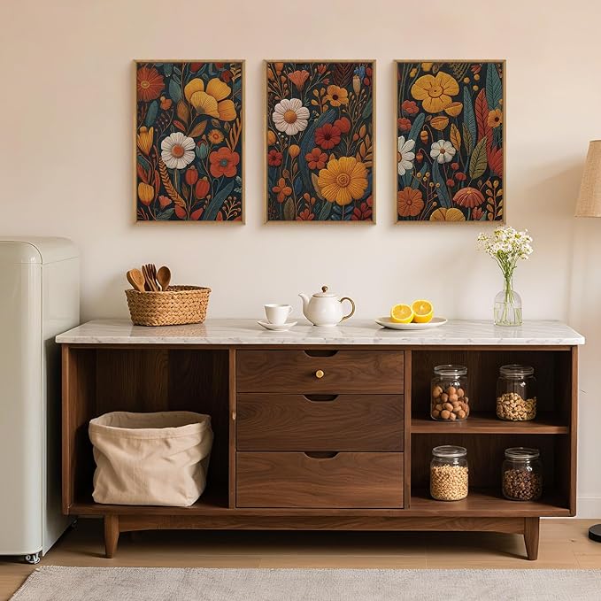 Large Boho Floral Framed Canvas Wall Art Set 16"x24"x3 | Vintage Orange Flowers Wall Decor Abstract Botanical Art Rustic Neutral Wildflower Artwork Bedroom Living Room Office