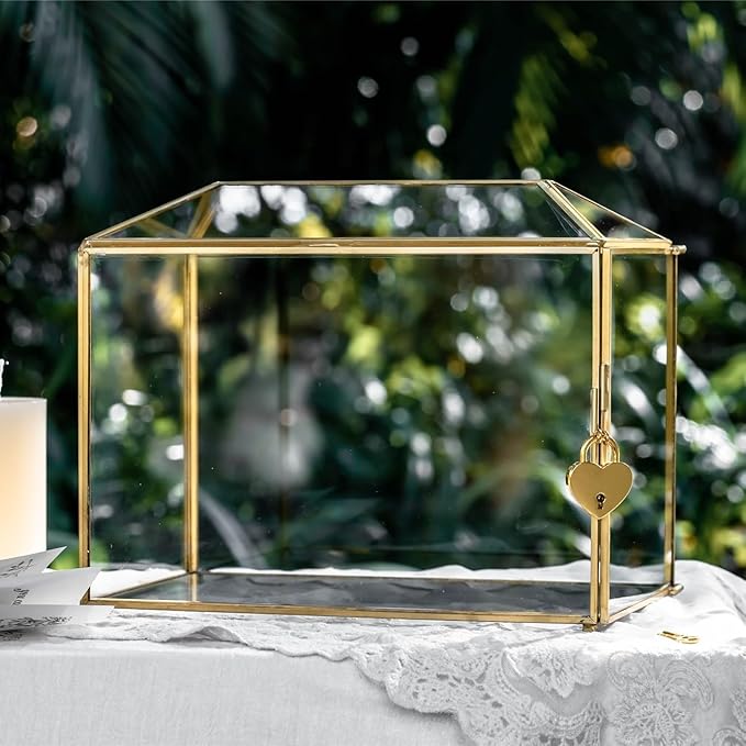 NCYP Small 10.2" x 5.9" x 7.9" Glass Cards Box with Slot and Lock for Wedding Reception - Home Birthdays Party Geometric Decorative, Gold - Slot Length 6.3 Inches (Glass Box Only)