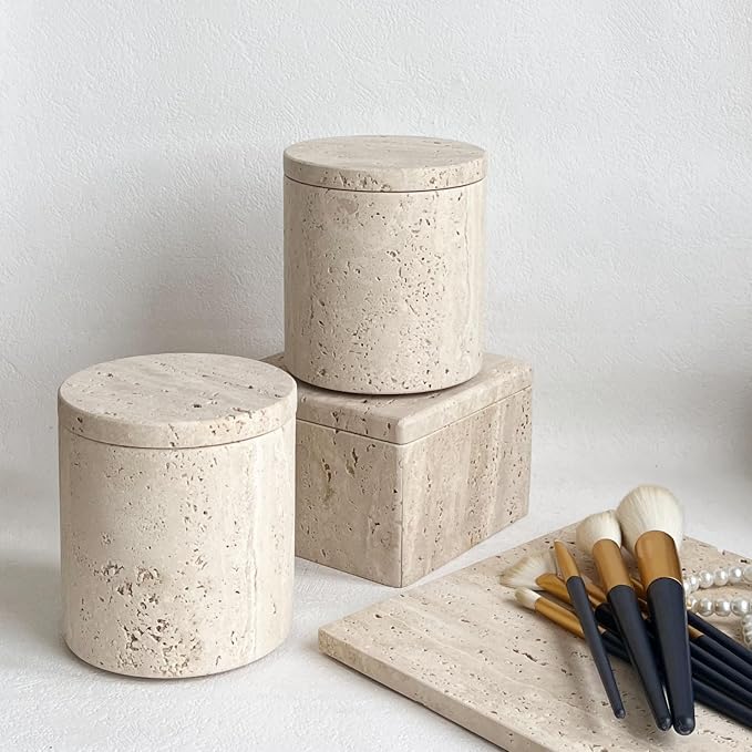 Natural Marble Stone Travertine Jar Container Storage Box Cup with Lid (Beige Travertine)