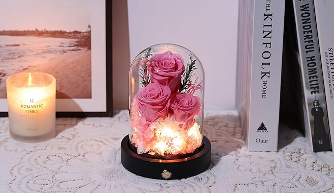 Forever Flowers Gifts for Women,Preserved Roses in Glass Dome, Eternal Flowers for Delivery Prime, Real Pink Roses,Anniversary Birthday Valentines Day Gifts for Wife Her
