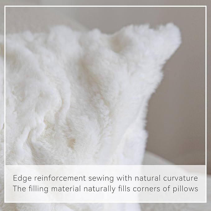 MOOX Rabbit Fur Pillow Covers Set of 2 Fur Throw Lumbar Decorative Pillow Fuzzy Soft Fluffy Genuine Animal Skin 18"x18" Sofa Couch Bed Cover, White