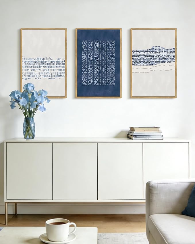 PHOPAGO Navy Blue Abstract Framed Wall Art Large 16x24in Mid Century Minimalist Wooden Pastel Boho Wall Decor Modern Neutral Farmhouse Living Laundry Decor- Natural Framed