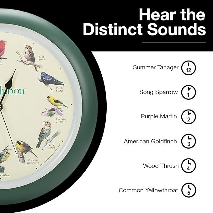 Mark Feldstein, Audubon Singing Bird Wall Clock, 13 Inch, Green