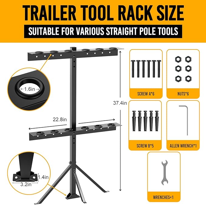 Trailer Tool Rack Shovel Holder - Shovel Rack for Trailer with 6 Tool Holes with Rubber Grommets, Dark Black