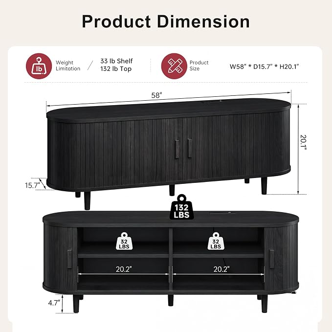 58" Mid Century Modern TV Stand, Wood TV Consoles with Sliding Doors and Power Outlet, Fluted Entertainment Center with Adjustable Shelves, Media Console for Living Room, Black