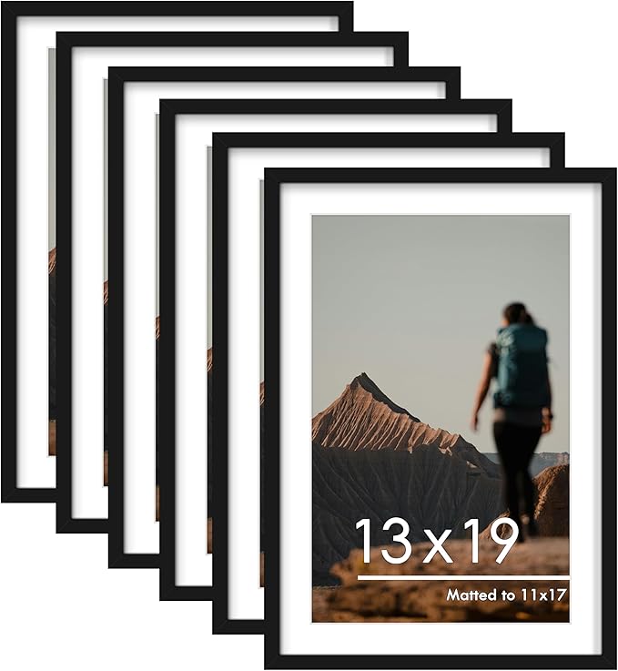 PEALSN 13x19 Picture Frame Set of 6, Display Pictures 11 x 17 with Mat or 13 x 19 without Mat for Wall Mounting Display, Poster Frames Collage for Wall Decor, Black.