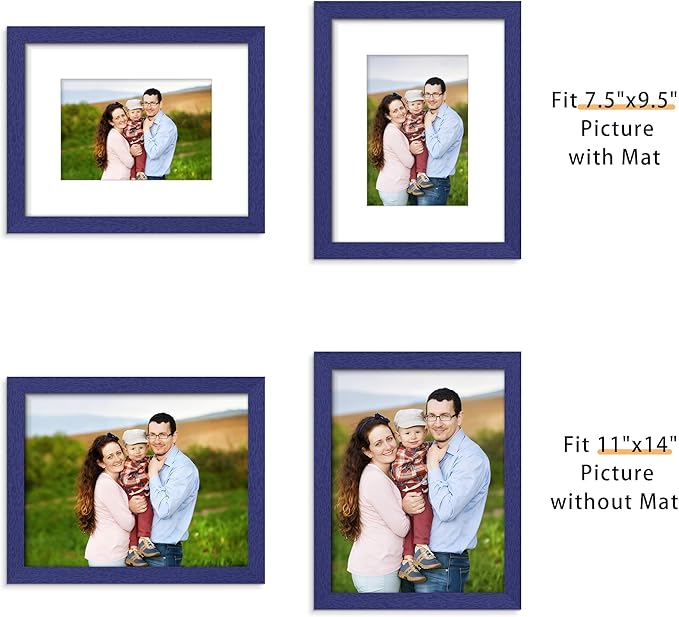 Picrit 11x14 Picture Frame Set of 12, Display 8x10 with Mat or 11x14 without Mat, Photo Frames for Wall Mounting or Table Top Display, Navy Blue