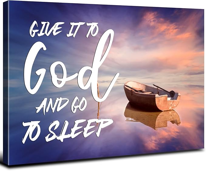Christian Wall Art for Bedroom Give It to God and Go to Sleep Sign Canvas Prints Office Decor Boat Beach Picture Religious Poster Bible Verse Painting for Living Room Kitchen Home Decorations 32x48''