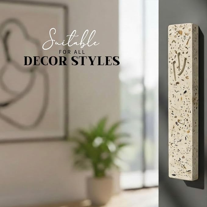 SURI Mezuzah Case – 5 Inch Terrazzo Cream and Pink Concrete Jewish Door Mezuza Cover with Non Kosher Scroll, Self-Stick Adhesive, Fits a 4 Inch Scroll, Gift Box Included