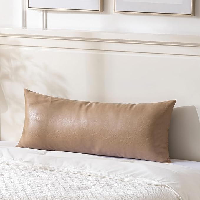 Fancy Homi Tan Boho Long Lumbar Faux Leather Body Decorative Throw Pillow Cover 12x40 Inch for Bedroom Couch Bed Sofa, Stylish Solid Rectangular Beige Pillowcase, Rustic Modern Farmhouse Room Decor