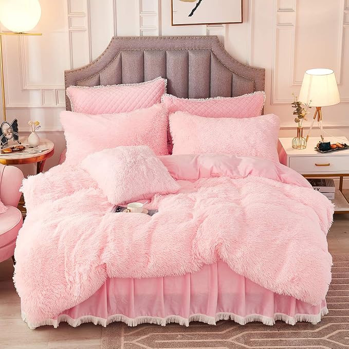 JAUXIO Luxury Long Faux Fur 3 PCS Bedding Set Shaggy Comforter Duvet Cover with Pillow Shams Ultra Soft Crystal Velvet Reverse (King, Pink)