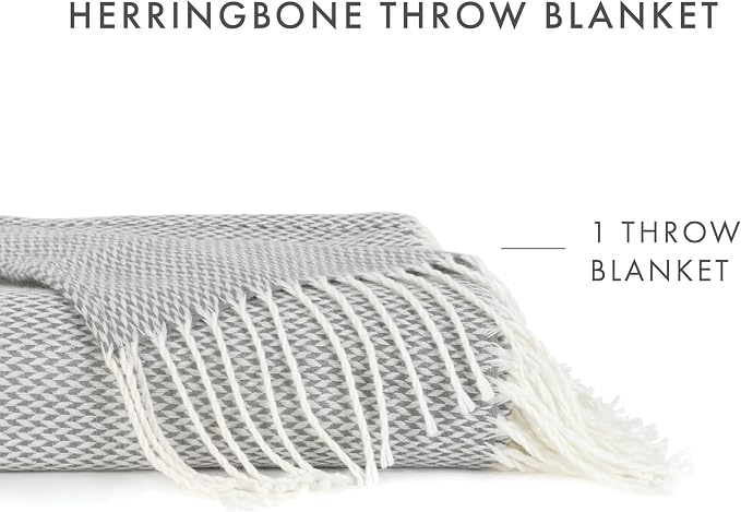 Linen Market Beddings Elevate Your Comfort with Herringbone Throw Blanket - Luxurious Woven Ultra Soft Acrylic - Sized 50" W x 60" L - Fringed Edges - Lightweight Layer for Bed or Sofa (Gray)
