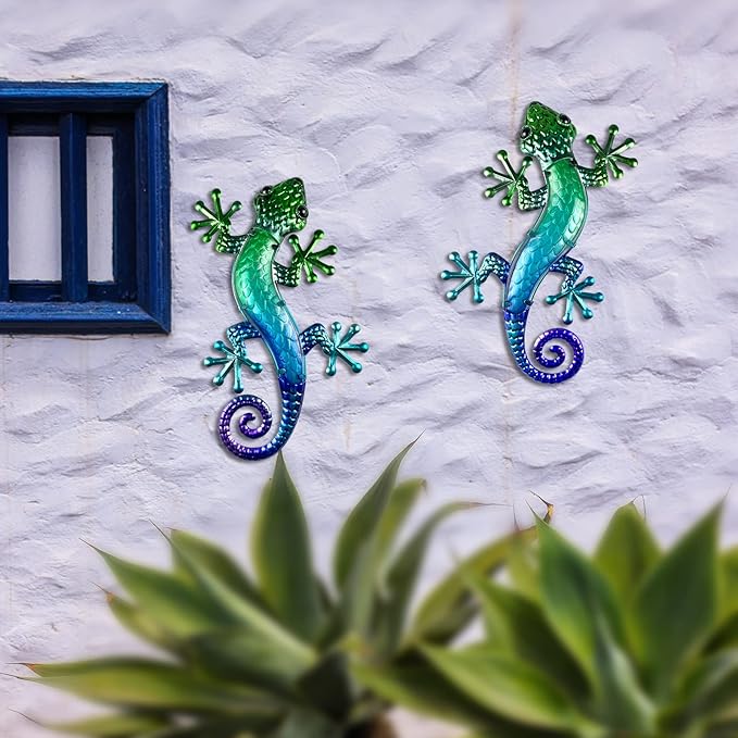 HONGLAND Metal Gecko Wall Art 15 Inch Lizard Outdoor Decor Lizards Garden Sculpture for Yard Fence 2 Pack
