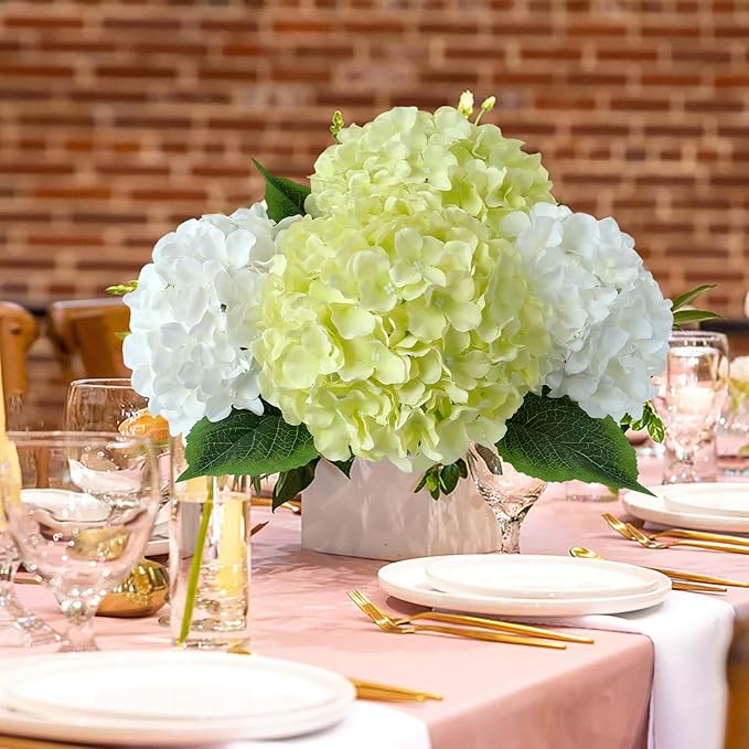 JINWOE White Silk Flowers Hydrangea Artificial Flowers, 5Pcs 20Inch Large Lifelike Faux Flowers, Full Fake Artificial Hydrangeas with Stems for Bouquet Table Centerpieces Home Decoration