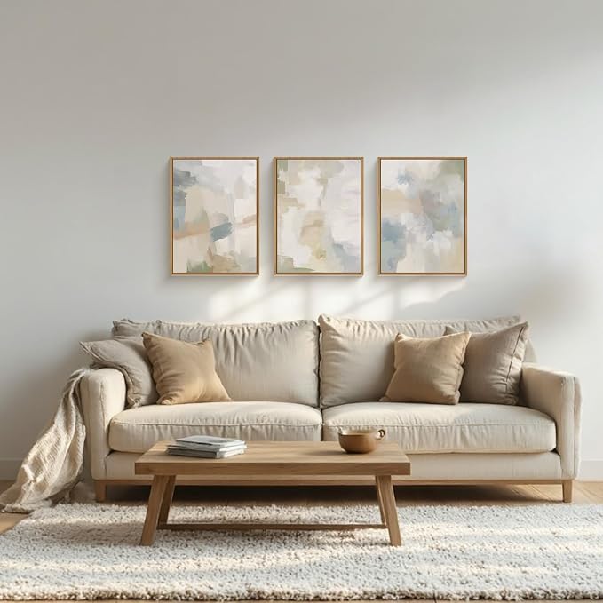 Abstract Gray Pastel Framed Canvas Wall Art Set,Neutral Watercolor Brush Stroke Wall Decor,Modern Minimalist Beige Illustration Artwork for Living Room,Bedroom,Dining Room -12"x16"x3