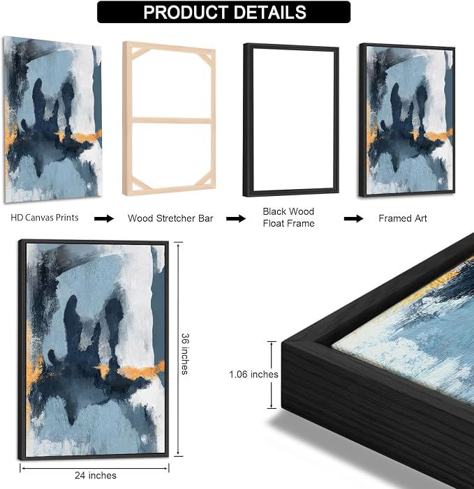 Large Framed Abstract Wall Art - Natural Framed Canvas Pictures for Living Room Modern Canvas Prints Grey Blue for Bedroom, Black Float Frame Art for Home Office Kitchen Decor 24" X 36" X 3pcs